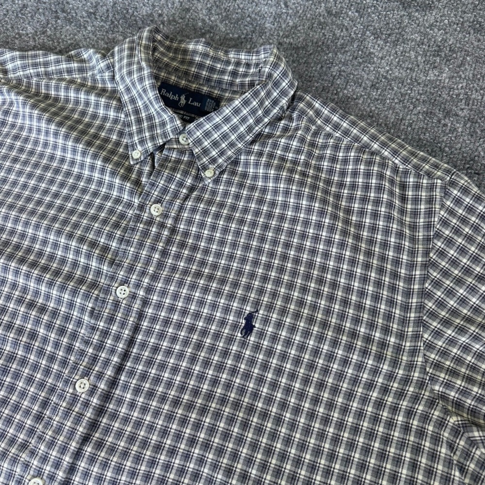 Ralph Lauren Button Down Shirt Mens XXL Plaid Cotton Classic Fit Navy White